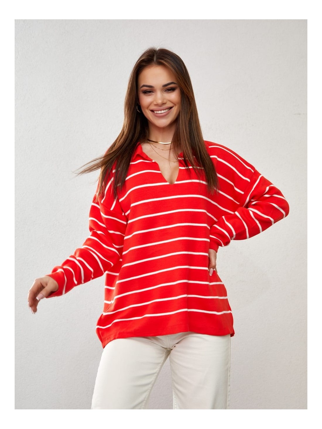 Oversized thin sweater with a collar, brick red 0583 - Online store - Boutique